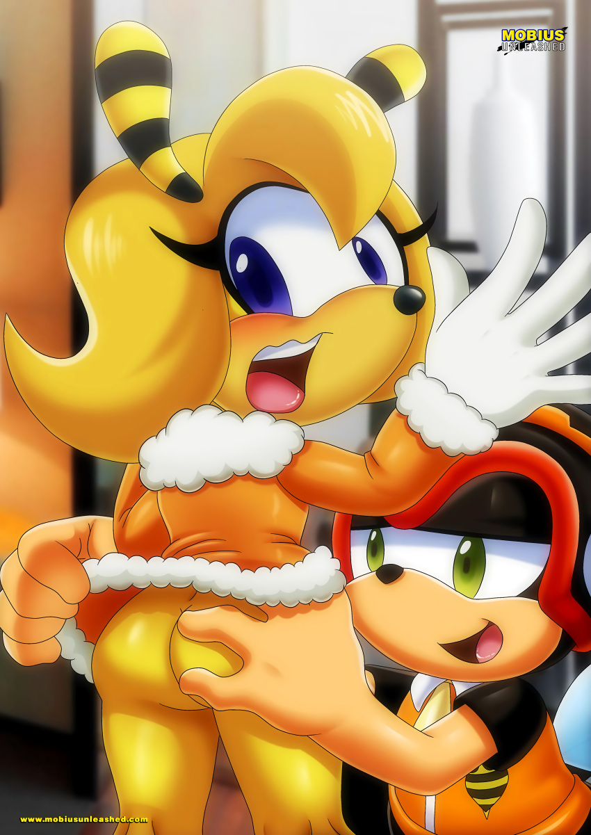 archie_comics ass bbmbbf butt charmy_bee dress_lift furry hand_on_butt male mobius_unleashed no_panties palcomix saffron_bee sega sonic_(series) squeezing_butt