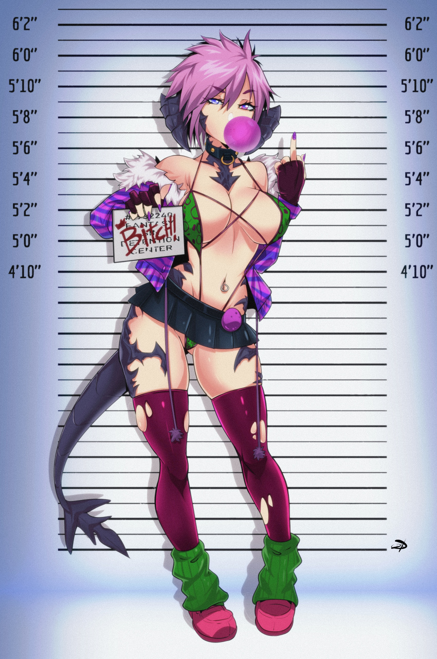 1girls au_ra bikini blue_eyes boots breasts bubblegum cleavage collar final_fantasy final_fantasy_xiv horns huge_breasts large_breasts miniskirt mugshot navel_piercing panties piercing pink_eyes pink_hair ripped_clothing scales short_hair sin_faye socks solo stockings tail thick_thighs thigh_gap thighhighs underwear xaela