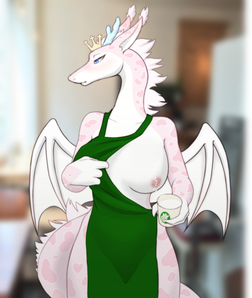 anthro apron blush bodily_fluids breasts clothing container countershade_torso countershading cup dragon female fur green_apron hi_res horn i_mean_breast_milk iced_latte_with_breast_milk lactating long_neck membrane_(anatomy) membranous_wings meme milk mostly_nude nipples pink_body reptile scalie solo western_dragon white_body wings xan_(pixiv)