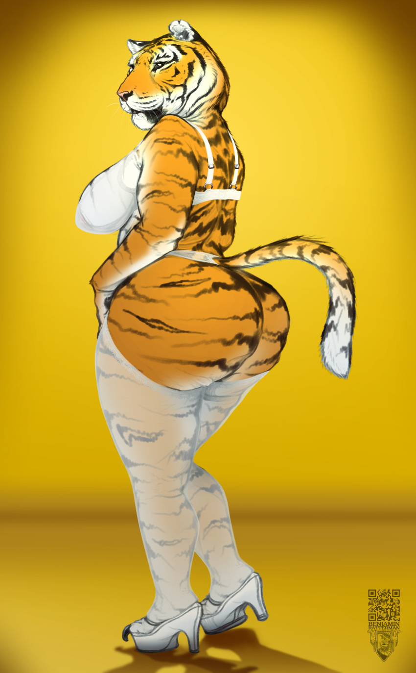 3:4 anthro band1tnsfw benjamin_ratterman big_ass big_breasts bra busty digital_drawing_(artwork) digital_media_(artwork) felid feline felis female full_body furry heels legwear lingerie looking_at_viewer pantherine portrait simple_background stockings tiger white_heels white_legwear white_panties yellow_background