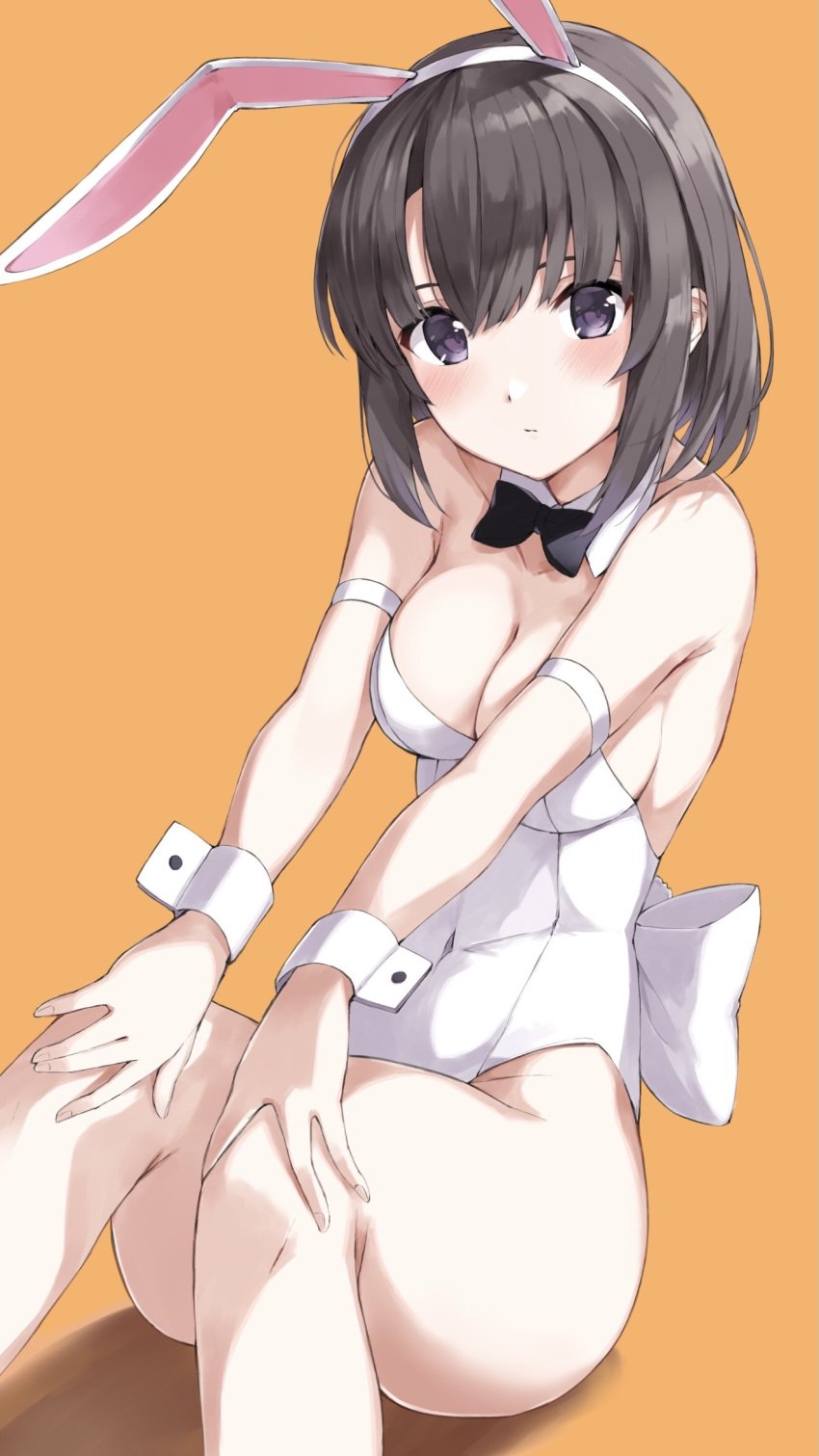 animal_ears armband back_bow bare_legs black_eyes black_hair black_neckwear bow breasts bunny_ears bunny_tail cleavage clothing covered_navel detached_collar feet_out_of_frame female female high_resolution katou_megumi legs leotard looking_at_viewer marie_(pixiv31942978) medium_breasts orange_background playboy_bunny saenai_heroine_no_sodatekata short_hair simple_background sitting solo strapless strapless_leotard tail white_background white_leotard wrist_cuffs