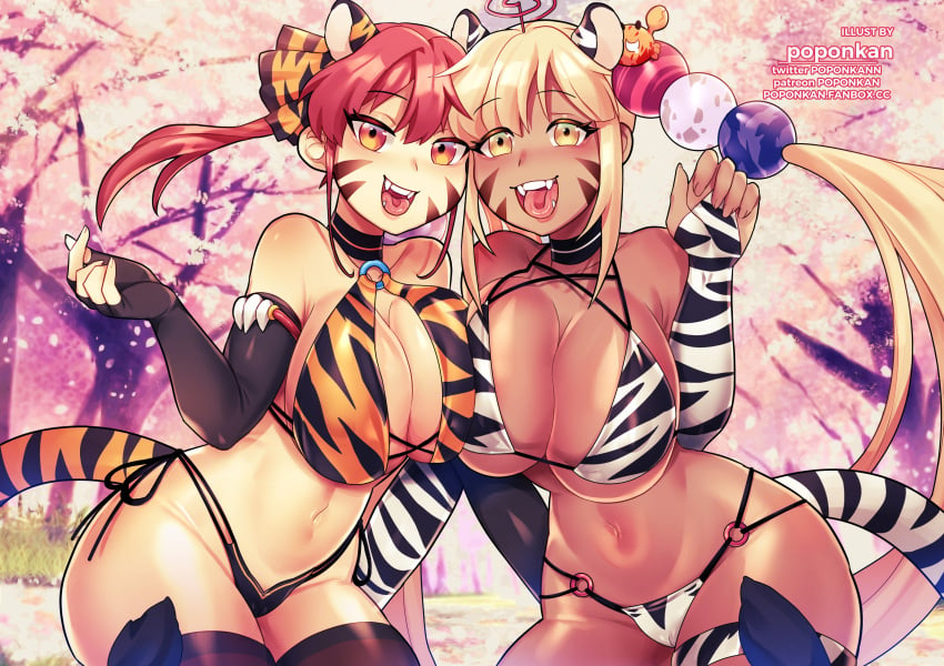 2girls absurdres alternate_costume animal_ears animal_print bikini bikini_bottom bikini_top black_gloves black_legwear blonde_hair breasts cherry_blossoms chinese_zodiac chocolate_and_vanilla cropped_legs dark-skinned_female dark_skin elbow_gloves english_text fake_animal_ears fake_tail fangs female fingerless_gloves gloves happy_new_year heterochromia highres holocouncil hololive hololive_english hololive_english_-council- hololive_fantasy hololive_japan houshou_marine large_breasts multiple_girls new_year open_mouth planet_hair_ornament poponkann print_gloves red_eyes striped striped_bikini swimsuit tail thick_thighs thighhighs thighlet thighs thunder_thighs tiger_ears tiger_print tiger_tail tongue tree tsukumo_sana twintails virtual_youtuber year_of_the_tiger yellow_eyes