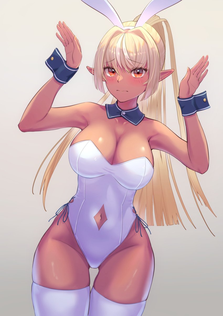 1girls 2021 animal_ears blonde_hair boku_no_edamame breasts bunny_ears bunny_pose cleavage clothing_cutout collarbone dark-skinned_female dark_skin detached_collar elf embarrassed eyebrows_visible_through_hair fake_animal_ears female female_focus female_only hololive hololive_fantasy hololive_japan leotard long_hair medium_breasts navel_cutout orange_eyes playboy_bunny pointy_ears ponytail shiranui_flare skindentation solo solo_female thigh_gap thighhighs virtual_youtuber white_leotard wrist_cuffs