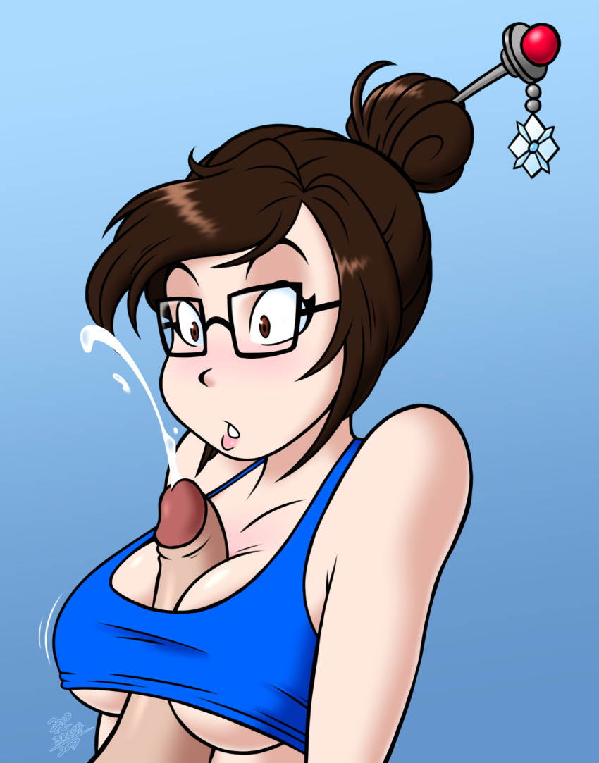 1boy 1girls big_penis blush bold-n-brash breasts brown_eyes brown_hair cleavage crop_top cum cumshot faceless_male female female_focus glasses large_breasts male mei_(overwatch) overwatch paizuri paizuri_under_clothes penis solo_focus straight surprised tank_top tied_hair underboob