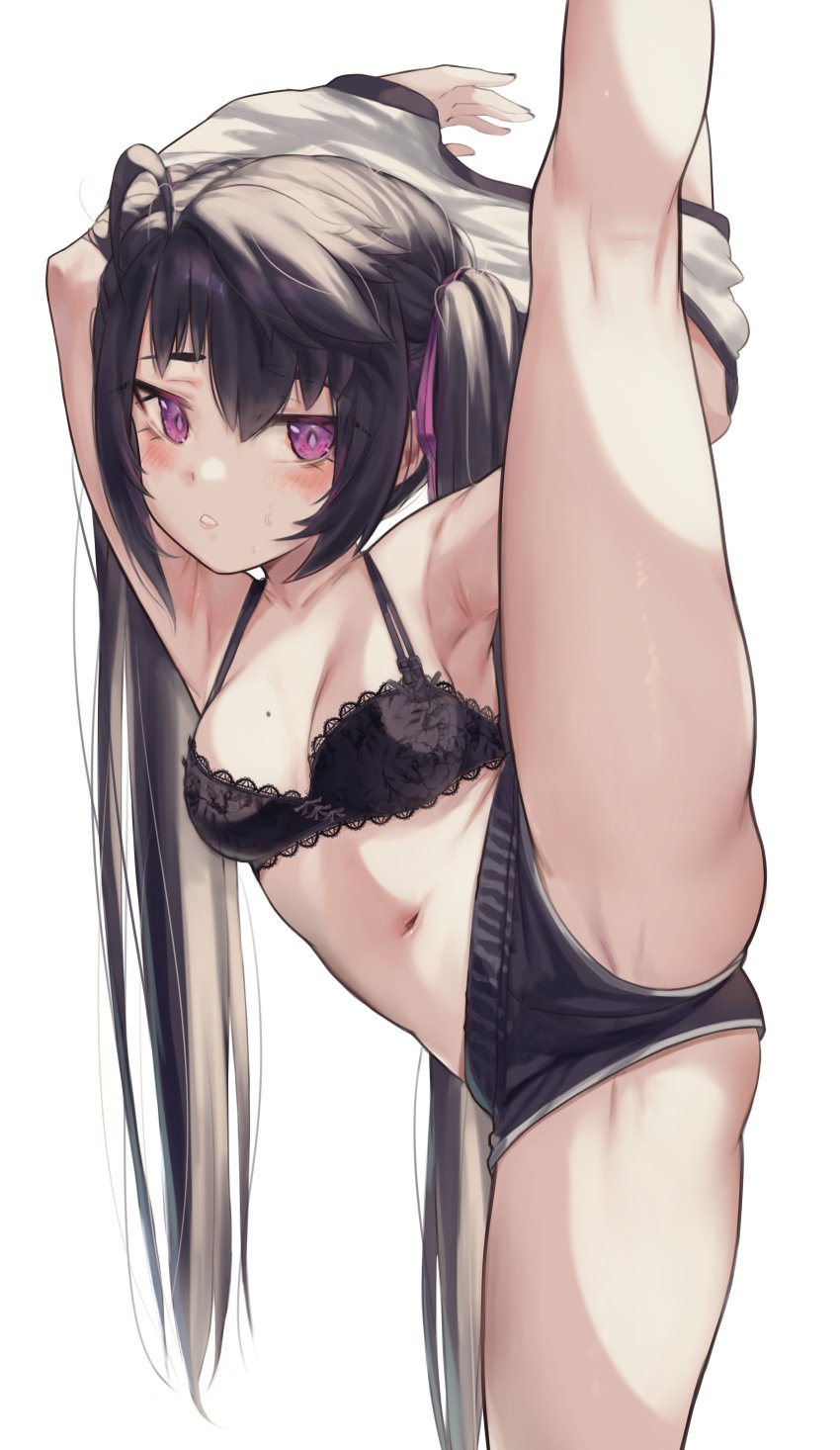 1girls absurdres ahoge armpits arms_up ass bangs bare_legs bare_shoulders black_bra black_hair black_shorts blush bra breasts butt clothes_lift collarbone commentary_request cute dolphin_shorts eyebrows_visible_through_hair female fringe hair_ribbon highres lace-trimmed_bra lace_trim legs long_hair looking_at_viewer md5_mismatch medium_breasts mole mole_on_breast navel original pale-skinned_female petite priite_hari_(torriet) purple_eyes purple_ribbon resolution_mismatch revision ribbon seductive_look shirt shirt_lift short_shorts shorts shy sidelocks small_ass solo source_smaller split standing standing_on_one_leg standing_split stomach teenager torriet twintails underwear very_long_hair white_background white_shirt