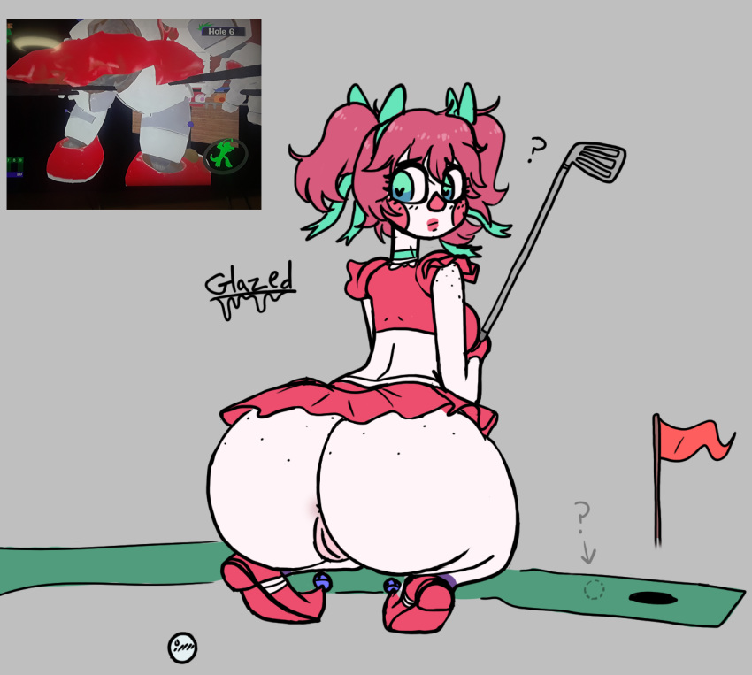 2d 2d_(artwork) 2d_artwork ? anus artist_signature ass ass_focus baby_(fnafsl) bell bells big_ass big_butt bimbo bimbo_robot_girl blush blushing breasts bubble_ass bubble_butt circus_baby circus_baby_(fnaf) clown clown_girl clown_nose clown_shoes digital_drawing digital_drawing_(artwork) five_nights_at_freddy's five_nights_at_freddy's:_sister_location freckles freckles_on_ass glazed_(artist) glazeddd golf golf_ball golf_club golf_course gray_background green_eyes hair_ornament hair_ribbon heart-shaped_pupils machine minigolf no_panties pussy question_mark red_hair red_lipstick red_shoes red_skirt reference_image ribbon ribbons robot robot_girl screencap screenshot short_skirt simple_background sister_location skirt solo squatting squatting_position thick_ass thick_thighs upskirt watermark white_skin white_skinned_female