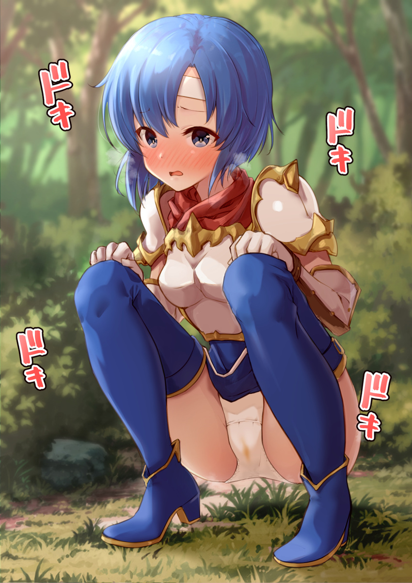 1girls bare_thighs blue_eyes blue_hair blush boots breasts catria_(fire_emblem) embarrassed female_only fire_emblem fire_emblem:_mystery_of_the_emblem fire_emblem:_shadow_dragon_and_the_blade_of_light forest fully_clothed headband heavy_blush kapurikon looking_at_viewer nintendo open_mouth outdoors panties panty_stain short_hair small_breasts solo squatting stain thigh_boots thighs white_panties