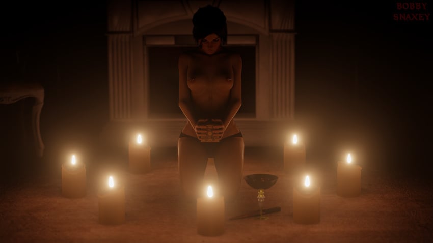 1girls 3d blender bobbysnaxey candles crossover female female_only hellraiser horror lament_configuration lara_croft lara_croft_(survivor) partially_clothed pierced_nipples solo tomb_raider