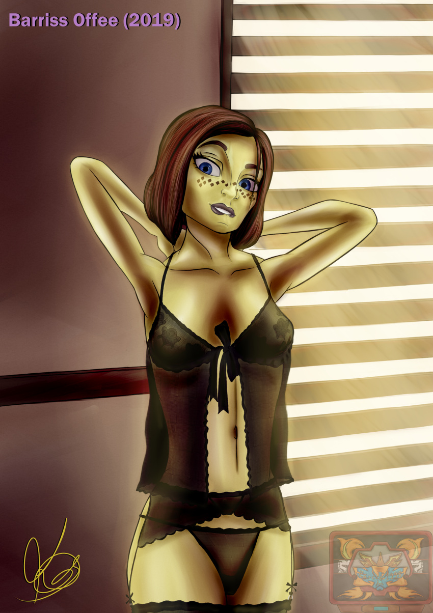 1girls 2019 alien alien_girl armpits arms_behind_head arms_up artist_signature background barriss_offee bedroom biting_lip black_clothing blinds blue_eyes cleavage clone_wars clothed clothed_female clothing coruscant dated day eyelashes eyes facial_markings female female_only front_view garter_belt garter_straps humanoid indoors jedi_temple kartez lingerie looking_at_viewer mirialan navel nervous nightwear open_eyes panties parted_lips pose seductive see-through see-through_clothing signature sleepwear small_breasts socks solo standing star_wars stockings sun sunlight teeth thighhighs underwear window yellow_body