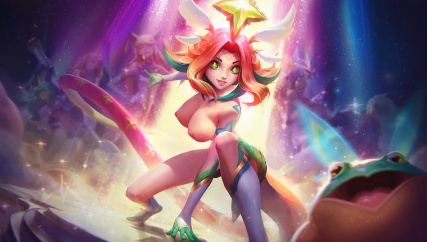 ahri big_breasts breasts clothes edit ezreal female frog green_eyes league_of_legends looking_at_viewer male miss_fortune neeko nude smiling soraka star_guardian_ahri star_guardian_ezreal star_guardian_miss_fortune star_guardian_neeko star_guardian_series star_guardian_soraka star_guardian_syndra syndra tail unknown_artist