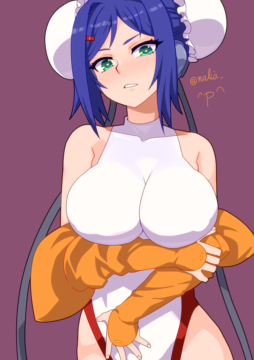 1girls arcana_heart big_breasts blue_hair breast_hold busty crossed_arms female female_only green_eyes heart-shaped_pupils hi_res large_breasts leotard looking_at_viewer mei-fang solo voluptuous