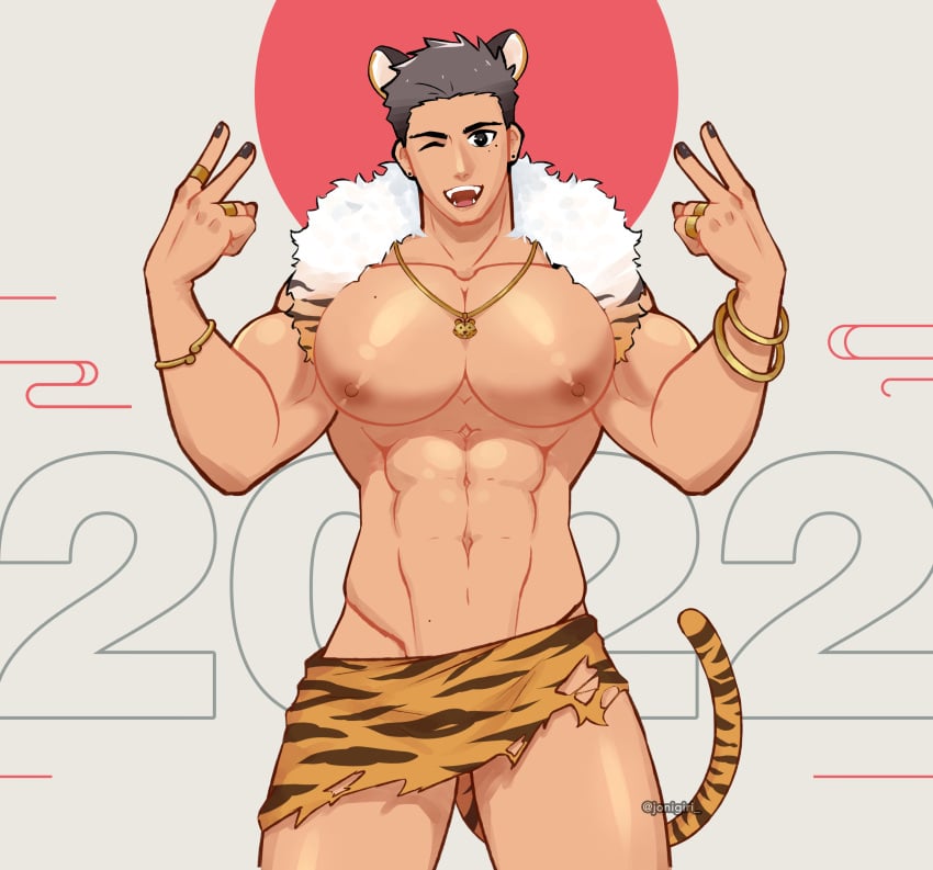 1boy 1male 2022 abs animal_ears black_hair cat_tail jewelry jonigiri loincloth male male_only manboobs muscles muscular_male navel new_year nipples pecs smile solo tail tiger_tail wink year_of_the_tiger