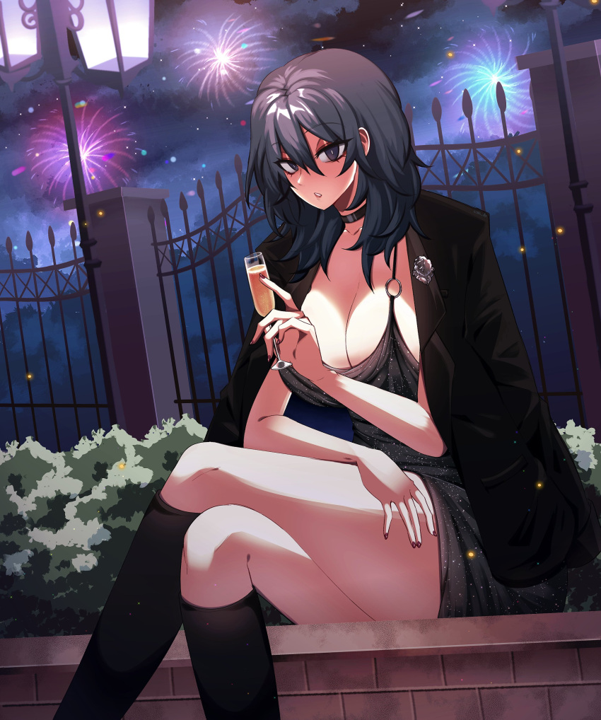 1girls alcohol alternate_breast_size alternate_costume bare_legs bare_thighs blue_eyes breasts byleth_(fire_emblem) byleth_(fire_emblem)_(female) choker cleavage crossed_legs drink eine_(eine_dx) emotionless expressionless female_only fire_emblem fire_emblem:_three_houses fireworks large_breasts looking_at_viewer medium_hair nail_polish new_year night nintendo outdoors red_nails solo teal_hair thighs wine wine_glass