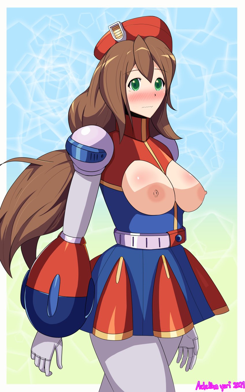 1girls adelinayuri brown_hair clothed clothed_female exposed_breasts female green_eyes iris_(mega_man) long_hair mega_man mega_man_x ponytail solo tagme