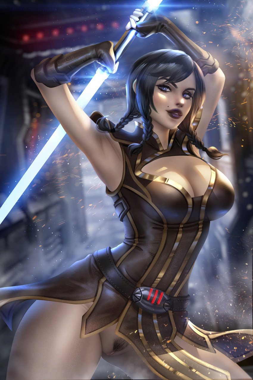 athletic_female ayyasap black_hair blue_eyes bottomless holding_weapon human lightsaber looking_at_viewer milf pubic_hair pussy satele_shan star_wars star_wars:_the_old_republic text vagina weapon