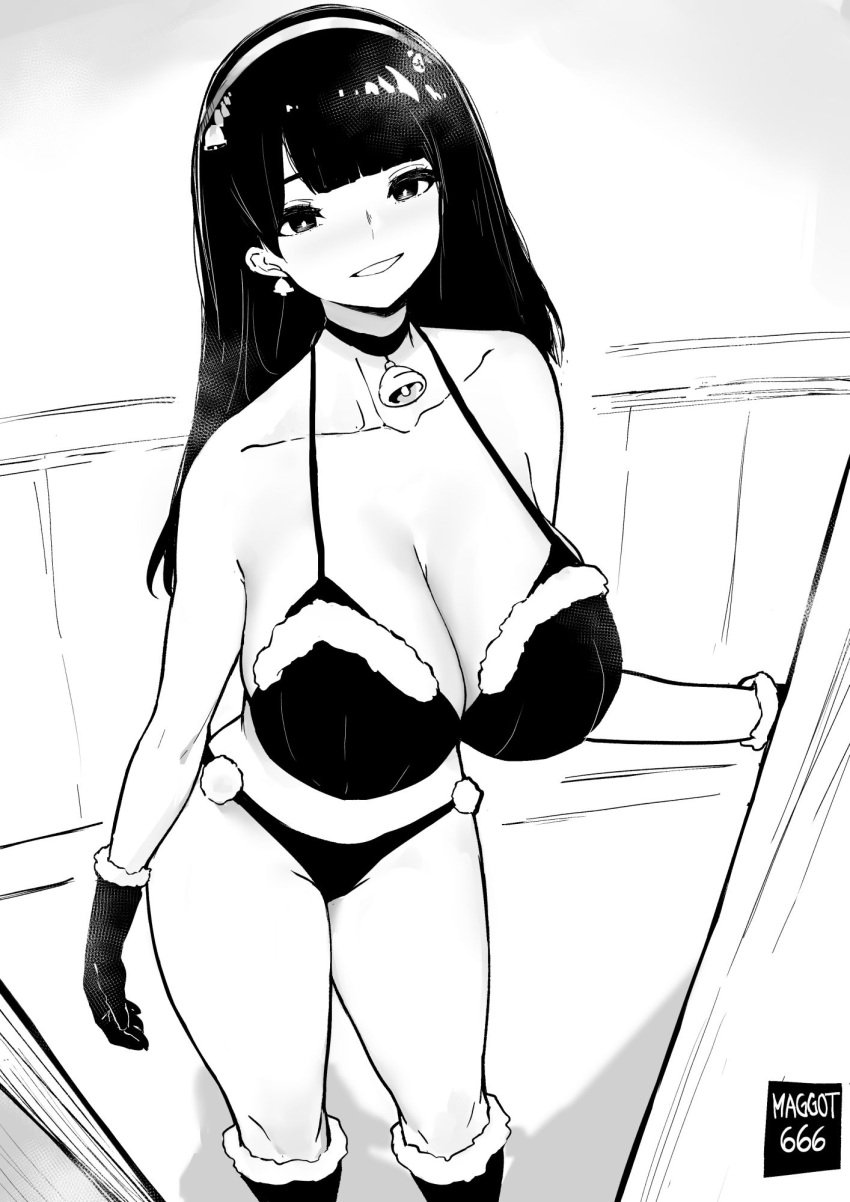 1girls bell_choker bikini breasts christmas cleavage female female_only gloves greyscale hairband hitomi_tanaka huge_breasts jingle_bell knee_boots long_hair looking_at_viewer monochrome norman_maggot real_person standing