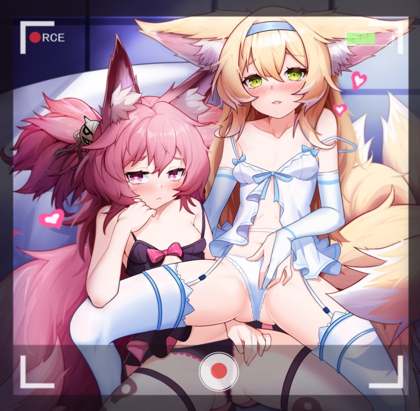 2girls absurdres animal_ear_fluff animal_ears arknights bangs black_panties blonde_hair blush collarbone ddddecade eyebrows_visible_through_hair frilled_panties frills garter_belt hair_between_eyes heart highres long_hair looking_at_viewer multiple_girls multiple_tails navel panties parted_lips pink_eyes pink_hair ponytail pout presenting shamare_(arknights) suzuran_(arknights) tail thighhighs underwear viewfinder white_legwear white_panties yellow_eyes young