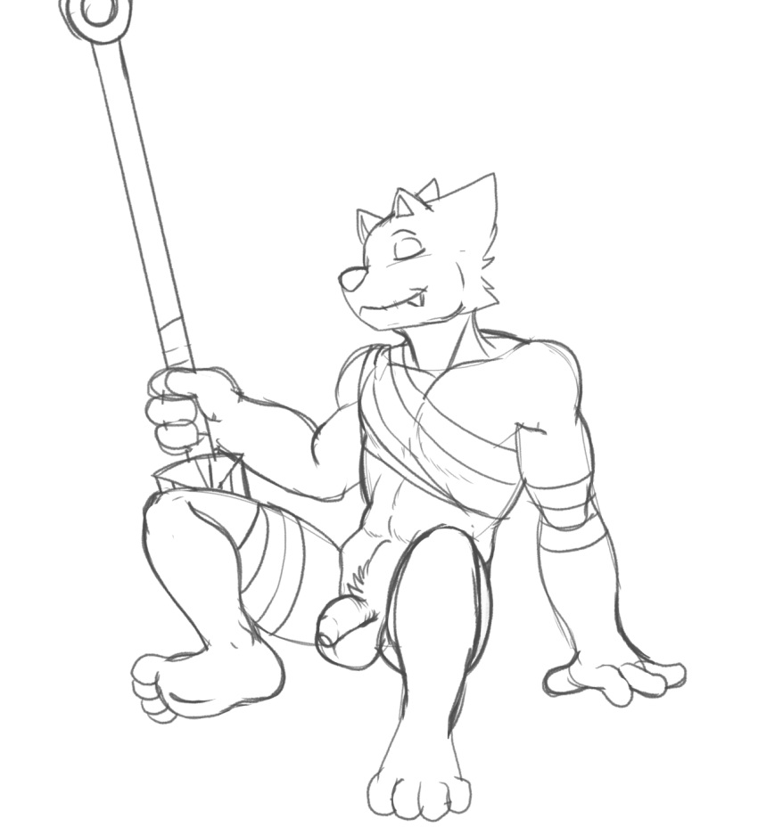 anthro bandage canid canine canis fours_(artist) halberd hi_res male male_only mammal melee_weapon muscular muscular_male nude polearm relaxing rex_(fours) sitting solo solo_male warg_(fours) weapon wolf wounded