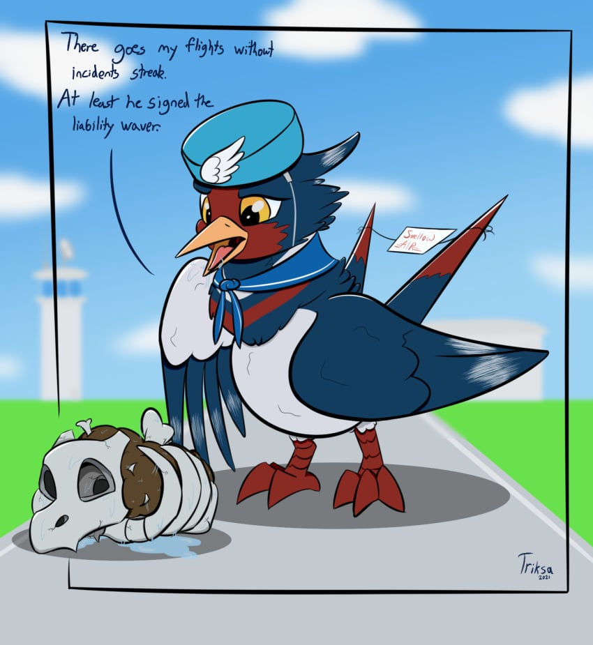 after_vore ambiguous_gender ambiguous_prey avian beak bird_feet blue_body bodily_fluids bone clothing cubone death digestion disposal duo feathered_crest feathered_wings feathers female female_pred feral feral_pred feral_prey hat head_crest headgear headwear hi_res markings mistral_(gyro) nintendo pellet pokémon_(species) pokemon pokemon_(species) red_markings saliva same_size_vore skull swellow tail_feathers talons triksa video_games vore white_body white_markings wings yellow_eyes