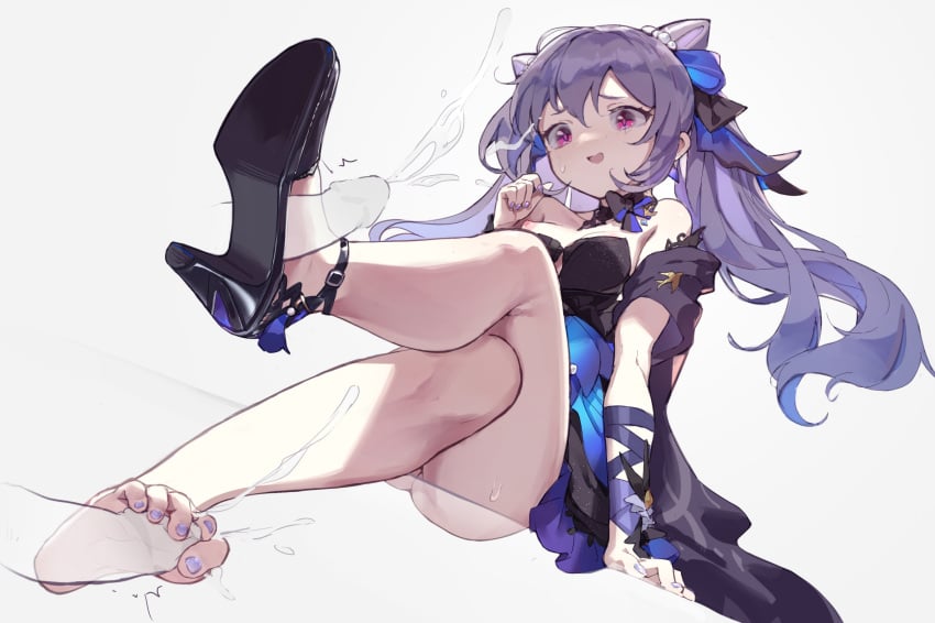 1girls 2boys 2d alternate_costume arm_support bangs barefoot black_bow blue_bow blush bow braid breasts crossed_legs cum double_bun ejaculation feet footjob footwear_fetish genshin_impact hair_cones heel_job heels heels_fetish heels_focus high_heel_fetish high_heels high_heels_focus highres invisible_penis keqing_(genshin_impact) keqing_(opulent_splendor)_(genshin_impact) long_hair luelue_zi male_pov medium_breasts multiple_penises nail_polish nipples no_legwear penis purple_eyes purple_hair purple_toenails shoejob shoes single_shoe sitting skirt soles solo sweat toenail_polish toenails white_background