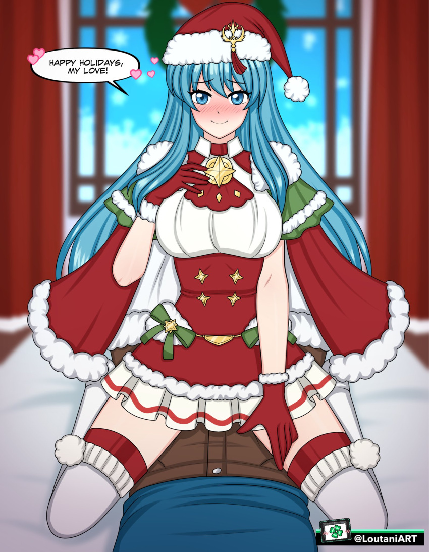 1girls alternate_costume bangs bare_thighs blue_eyes blue_hair blush breasts cape christmas christmas_outfit eirika_(fire_emblem) eirika_(winter)_(fire_emblem) english_text female_focus fire_emblem fire_emblem:_the_sacred_stones fire_emblem_heroes gloves kneeling large_breasts long_hair looking_at_viewer loutaniart male_pov nintendo official_alternate_costume on_bed pov santa_hat skirt smile solo_focus text thigh_boots thighhighs thighs unseen_male_face very_long_hair window