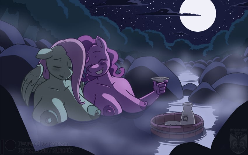 2017 alcohol anthro anthrofied areola beverage blush breasts closed_eyes duo earth_pony equine ethanqix feathered_wings feathers female fluttershy_(mlp) friendship_is_magic full_moon hair hi_res horse hot_spring long_hair mammal moon my_little_pony night nipples nude outside partially_submerged pegasus pinkie_pie_(mlp) pony sake straight_hair water wings