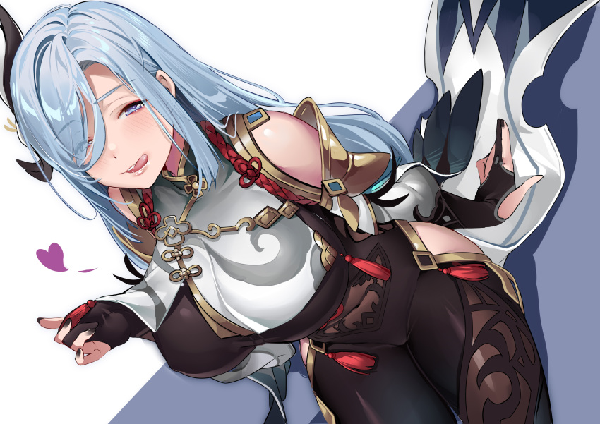 1girls big_breasts blue_eyes blush bodysuit breasts genshin_impact hair_over_one_eye heart hi_res kikimi large_breasts licking_lips looking_at_viewer milf naughty_face shenhe_(genshin_impact) skintight tongue_out white_hair