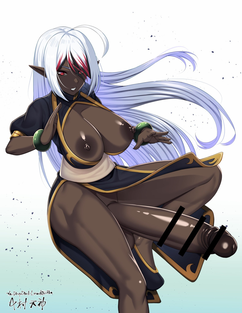 1futa ahoge areolae balls big_balls big_breasts breasts breasts_out clothed clothing dark-skinned_futanari dark_skin dress elf erection functionally_nude futa_only futanari huge_breasts huge_cock humanoid humanoid_penis long_hair nipples partially_clothed penis pose solo tagme two_tone_hair white_hair zeus_nakamura