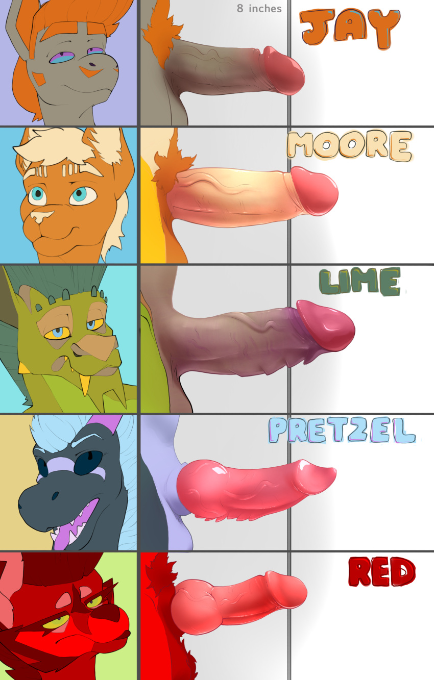 absurd_res animal_genitalia animal_penis anthro balls beefrequency big_penis blue_body canid canine canine_genitalia canine_penis canis chart comparing comparing_penis dragon erection felid feline foreskin fur genitals group hair hi_res horn humanoid_genitalia humanoid_penis hybrid jay_(beefrequency) knot lime_(beefrequency) male mammal open_mouth orange_body orange_fur penile penile_spines penis penis_lineup penis_size_chart penis_size_difference pink_penis presenting pretzel_(beefrequency) purple_body red_(beefrequency) tongue vein wolf