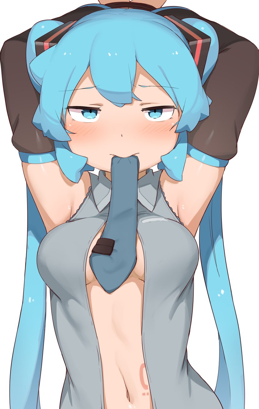 abmayo blue_eyes blue_hair blush blushed blushes blushing bound bound_wrists breasts embarrassed female female_focus female_only hatsune_miku holding_in_mouth mouth_hold necktie shirt tie tied_up vocaloid