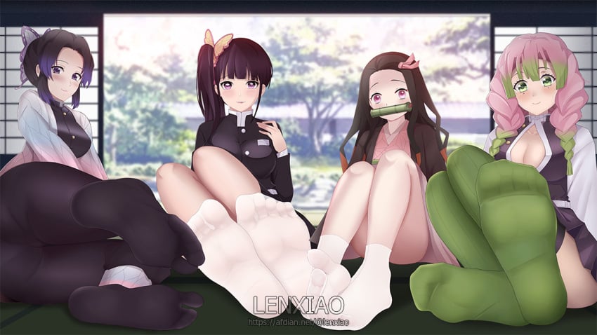 4girls bangs black_footwear black_hair black_socks blush braided_hair butterfly_hair_ornament cleavage demon_slayer detailed_background feet female female_only foot_fetish foot_focus fully_clothed green_eyes hair_ribbon haori kamado_nezuko kanroji_mitsuri kimetsu_no_yaiba kimono kochou_shinobu lenxiao looking_at_viewer mole_under_eye multiple_girls pink_eyes pink_hair ponytail purple_eyes see-through sheer_legwear shouji side_ponytail sitting socks soles tabi tatami thighhighs tsuyuri_kanao two_tone_hair uniform white_socks