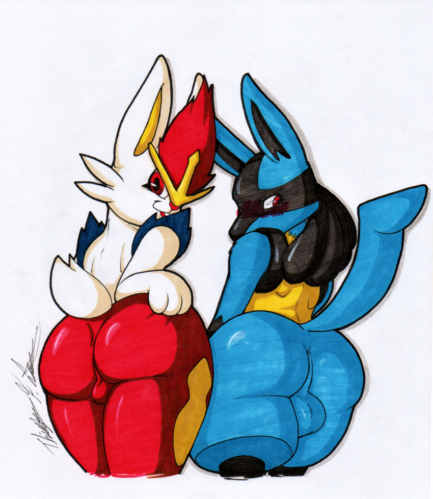 2boys anthro ass backsack balls big_butt blush butt_grab cinderace duo genitals hand_on_butt hi_res lucario male male/male male_cinderace male_lucario nintendo pokemon pokemon_(species) presenting presenting_hindquarters rotten_owl shy simple_background video_games