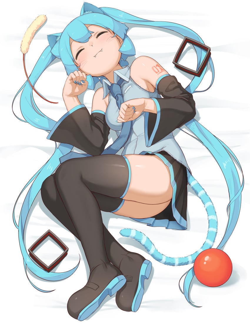 1girls abmayo ass blue_hair blue_nails blush blushed blushes breasts bulrush cat_ears cat_girl cat_tail catgirl cute cute_fangs fangs female female_focus female_only full_body fully_clothed hatsune_miku long_boots nail_polish necktie shirt skirt sleeping smile smiling solo tie vocaloid