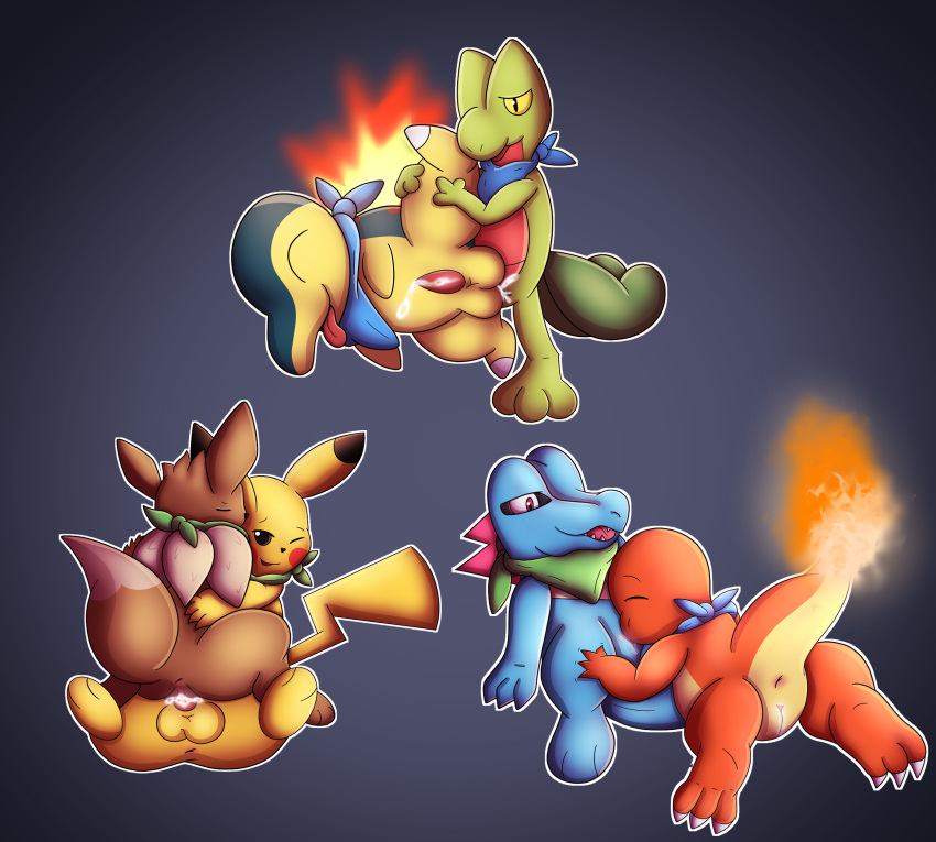 anal balls bodily_fluids charmander cum cum_in_ass cum_inside cum_on_body cum_on_penis cumshot cunnilingus cyndaquil duo eevee ejaculation eon female female/female female_on_top feral fire from_front_position genital_fluids genitals hand_on_leg hi_res lying male male/female male/male male_on_bottom mastery_position nintendo on_bottom on_side on_top open_mouth oral penis pikachu pokémon_(species) pokémon_mystery_dungeon pokemon pussy_juice rear_view scalie scarf sex side_view simple_background tail totodile treecko umbry00 vaginal_penetration video_games