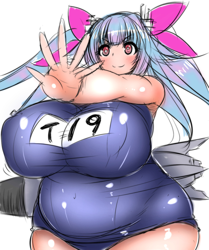 blue_hair blush breasts covered_erect_nipples fat female female_focus gigantic_breasts happy highres i-19_(kantai_collection) kantai_collection long_hair long_twintails name_tag one-piece_swimsuit red_eyes school_swimsuit shiny simple_background smile solo standing swimsuit symbol-shaped_pupils tensai427 torpedo twintails weapon white_background