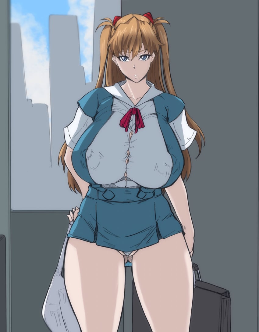 1girls alternate_breast_size annoyed annoyed_expression annoyed_face areolae asuka_langley_sohryu bag bakunyuu bare_legs blue_eyes breasts brown_hair buildings busty cameltoe city cleavage clothing covered_areolae covered_breasts covered_erect_nipples curvaceous curvy_female enormous_breasts erect_nipples erect_nipples_under_clothes facing_viewer female female_only fully_clothed hand_on_hip highres holding holding_bag holding_briefcase hourglass_figure huge_areolae huge_breasts huge_nipples large_breasts long_hair long_twintails looking_at_viewer massive_breasts micro_panties micro_skirt microskirt mini_skirt miniskirt neon_genesis_evangelion nipples no_bra orange_hair outdoors panties pantyshot pantyshot_(standing) parted_lips partially_visible_vulva puffy_areolae puffy_nipples school_briefcase school_uniform schoolgirl schoolgirl_outfit schoolgirl_uniform shopping_bag skirt sky solo standing straining_buttons street thigh_gap tight_clothing tight_fit tight_panties tomoki tomoki_(dais729sof) top_heavy top_heavy_breasts twintails undersized_clothes underwear voluptuous white_bag white_panties