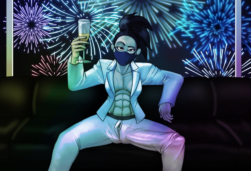 abs bulge_down_leg bulge_through_clothing futanari hammertheshark huge_cock izumi_(hammertheshark) mask muscular_futanari new_year penis_to_the_knees tagme white_suit