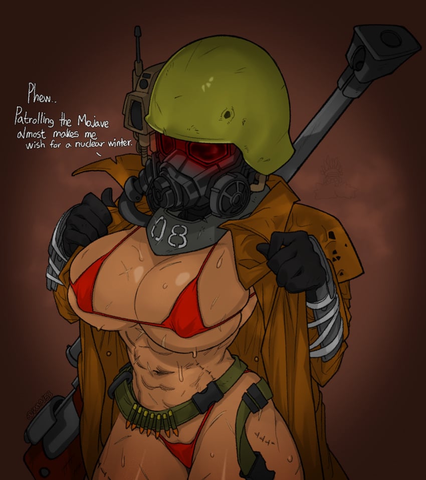 abs athletic_female belly belly_button bethesda_softworks bikini breasts color colored edit edited faceless_female fallout fallout_new_vegas gun helmet highleg_bikini hourglass_figure human meme muscular muscular_female ncr_ranger ncr_ranger_(fallout) nipple_bulge obsidian_entertainment open_clothes open_jacket opening_jacket rifle scar scars steam steaming_body stiches sweat sweatdrop sweating sweaty_body sweaty_breasts sweaty_thighs tactical_nudity tally_marks tanned tanned_female tanned_girl tanned_skin text waa153