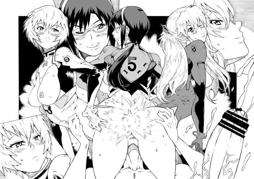 3girls ass ass_to_ass asuka_langley_sohryu bar_censor blush bodysuit breasts censored clothing cum ejaculation facesitting fart female glasses hiratsura_masaru human large_breasts long_hair mari_illustrious_makinami monochrome multiple_girls neon_genesis_evangelion oral_sex penis pilot_suit plugsuit rebuild_of_evangelion rei_ayanami shinji_ikari short_hair smothering