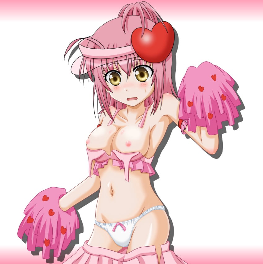 amu_hinamori blush bow_panties brown_eyes cheerleader medium_breasts navel open_mouth pink_hair pom_poms shugo_chara tagme takumi_(rozen_garten) visor wardrobe_malfunction