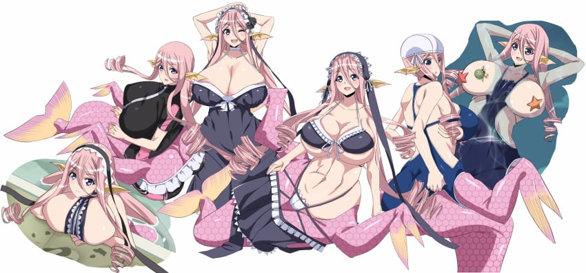 big_breasts blue_eyes breasts cleavage fish_girl fish_tail gigantic_breasts highres long_hair massive_breasts mermaid mermaid_ass mermaid_girl mermaid_position mermaid_tail mero meroune_lorelei meroune_lorelei_(monster_musume) monster monster_girl monster_musume_no_iru_nichijou non-web_source pink_hair pink_tail swimsuit wide_hips