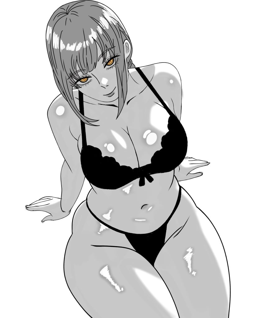 2d 2d_(artwork) big_breasts big_thighs chainsaw_man child_bearing_hips dominant_female eyelashes grey_hair greyscale large_ass large_breasts large_thighs lingerie lips looking_at_partner looking_at_viewer makima_(chainsaw_man) mommy monochrome resting_on_arms ringed_eyes seductive seductive_look seductive_smile shaded shiny_hair shiny_skin sitting smile thick_thighs white_skin wide_hips yellow_eyes
