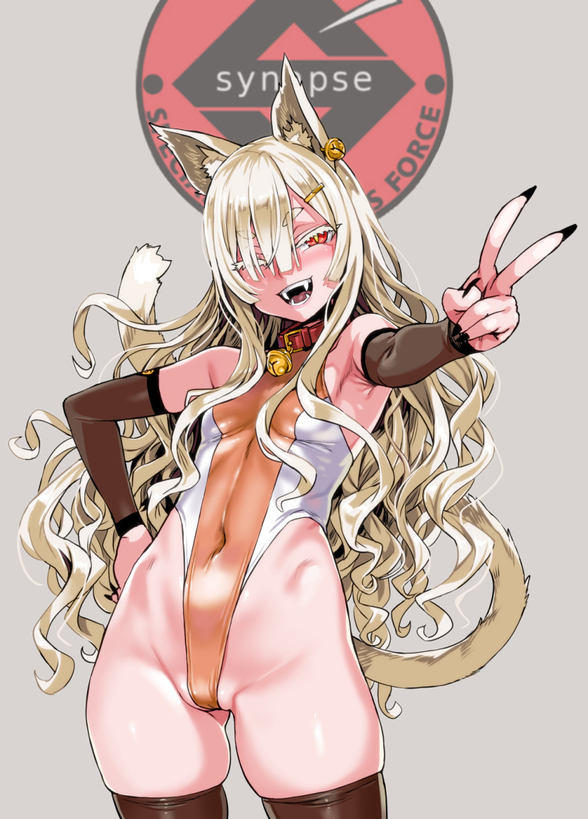 ;d animal_ears armpits asanagi ass_visible_through_thighs bare_shoulders bell black_legwear black_nails blonde_hair blush breasts covered_navel detached_sleeves earrings eyebrows_visible_through_hair eyelashes fangs female hair_ornament hair_over_one_eye hairclip hand_on_hip highleg highleg_leotard highres jewelry leotard long_hair looking_at_viewer neck_bell one_eye_closed original red_eyes small_breasts smile solo tail teeth thighhighs v