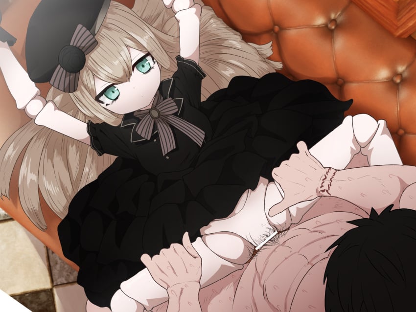 1boy 1girls black_dress black_gloves black_headwear blonde_hair bow bowtie censor_bar clothed_female_nude_male colored_skin death_mark deep_penetration doll doll_girl doll_joints dress emotionless_sex empty_eyes expressionless female gloves green_eyes grey_bow grey_bowtie hat hat_bow highres human humanoid joints long_hair male_human/female_humanoid male_pubic_hair mary_(death_mark) no_panties nude pubic_hair sex short_sleeves straight sumiyao_(amam) vaginal_penetration very_long_hair white_skin yashiki_kazuo