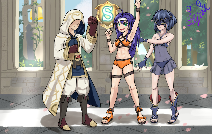 1other 2girls :d ahoge alternate_costume alternate_hairstyle armpits bare_legs bikini blue_bikini blue_hair blue_swimsuit breasts ctl_fish fingerless_gloves fire_emblem fire_emblem:_path_of_radiance fire_emblem:_radiant_dawn fire_emblem_awakening fire_emblem_heroes gameplay_mechanics gloves green_eyes headband kiran_(fire_emblem) kiran_(fire_emblem)_(female) kiran_(fire_emblem)_(male) long_hair lucina_(fire_emblem) lucina_(summer)_(fire_emblem) marth_(fire_emblem_awakening) mask mia_(fire_emblem) mia_(summer)_(fire_emblem) nintendo open_mouth orange_bikini orange_swimsuit purple_hair sandals see-through short_hair small_breasts smile swimsuit threesome thumbs_up