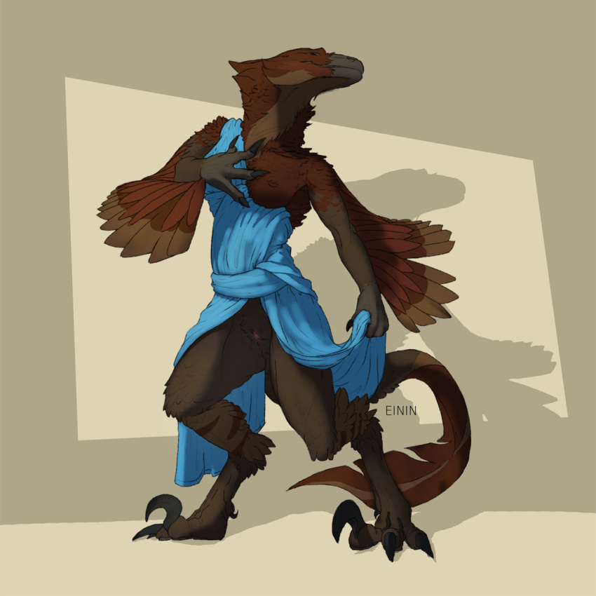 anthro biped brown_body brown_feathers clothing dinosaur dromaeosaurid einin feathered_dinosaur feathers female genitals hi_res pussy reptile scalie solo talons theropod toga utahraptor