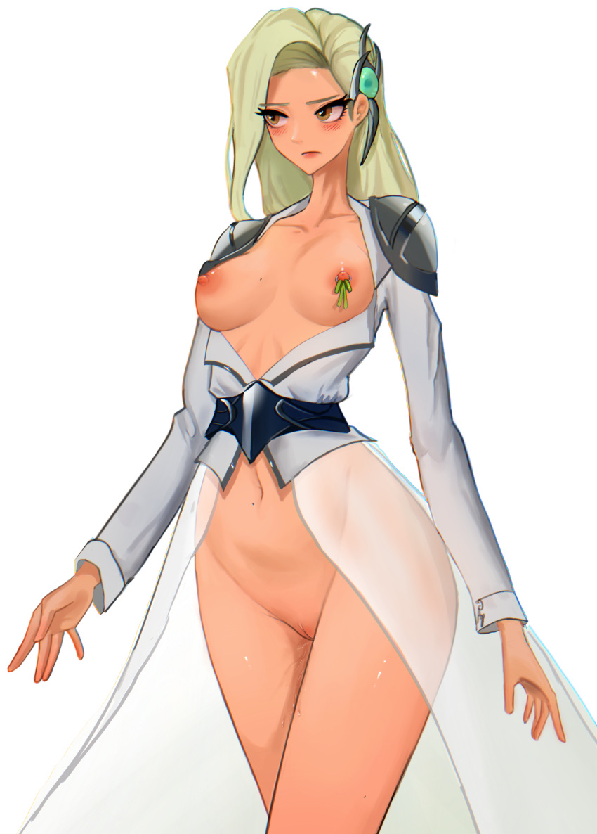 1girls blush breasts debonair_leona debonair_series exposed_breasts hair_ornament league_of_legends leona_(league_of_legends) looking_away mole mole_on_breast mole_on_stomach nipple_piercing nipples partially_clothed rine_(artist) solo standing white_hair