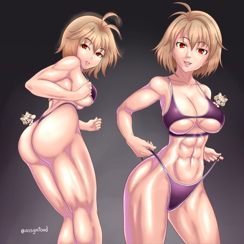 abs alternate_costume antenna_hair arcueid_brunestud ass ass_focus assymptoad bangs big_ass bikini blonde_hair boob_window breasts cleavage collarbone eyebrows_visible_through_hair female hair_between_eyes highres looking_at_viewer melty_blood melty_blood:_type_lumina muscular muscular_female muscular_legs navel neco-arc red_eyes short_hair smile solo swimsuit thong thong_bikini toned toned_female toned_stomach tsukihime tsukihime_(remake) type-moon underboob