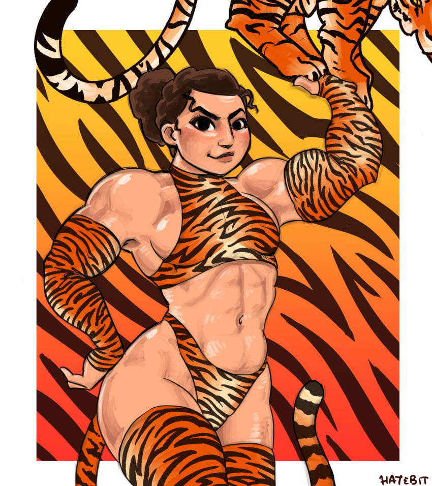 1girls 2022 abs disney encanto female female_only hatebit light-skinned_female luisa_madrigal muscular_female new_year sideboob thick_thighs tiger_costume tiger_print tiger_tail wide_hips year_of_the_tiger