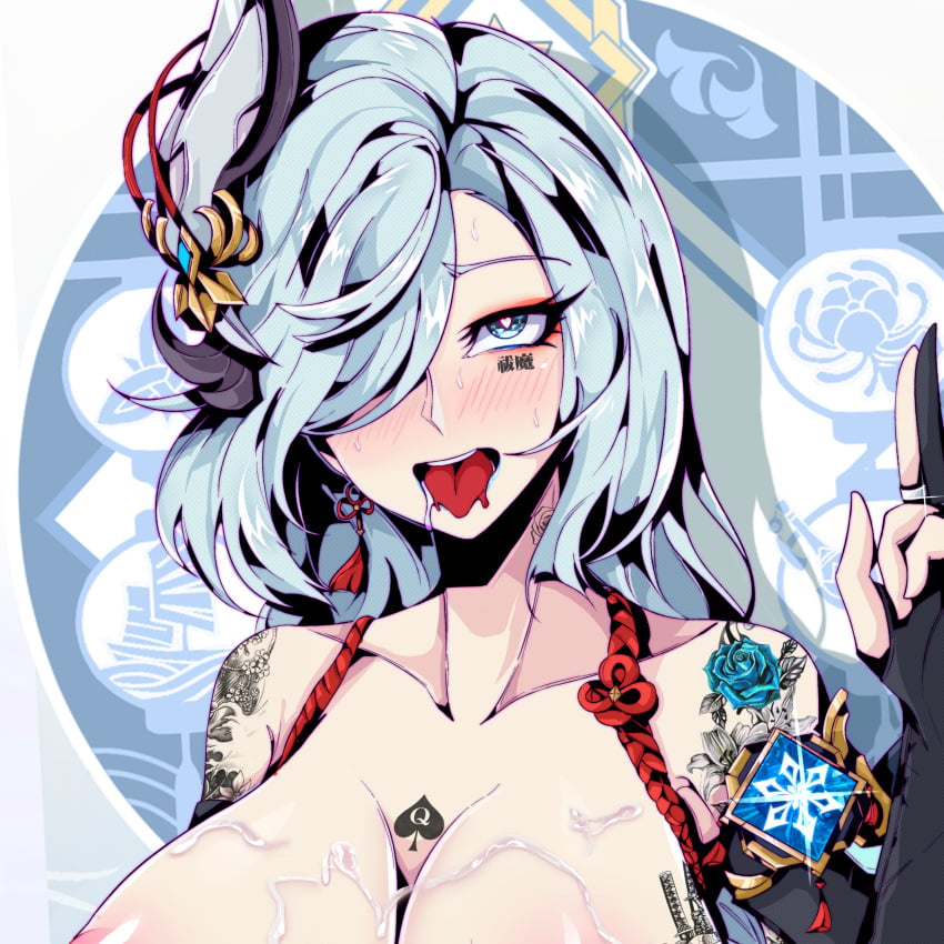 absurdres ahe_gao bare_shoulders blue_eyes blue_hair blue_lips braid breasts cum cum_on_body cum_on_breasts defaultz defaultz_17 eyebrows_visible_through_hair female fingerless_gloves genshin_impact gloves hair_over_one_eye heart heart-shaped_pupils highres jewelry long_hair male_pov nude queen_of_spades ring saliva shenhe_(genshin_impact) symbol-shaped_pupils tattoo